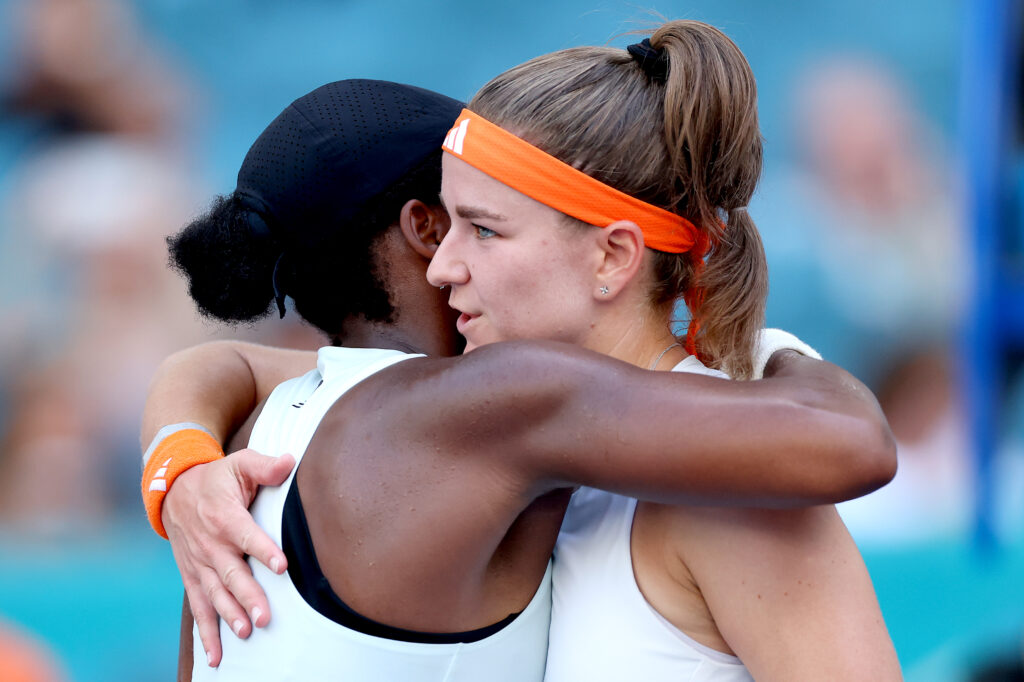 Coco Gauff and Karolina Muchova embrace after their match at the 2026 Miami Open.