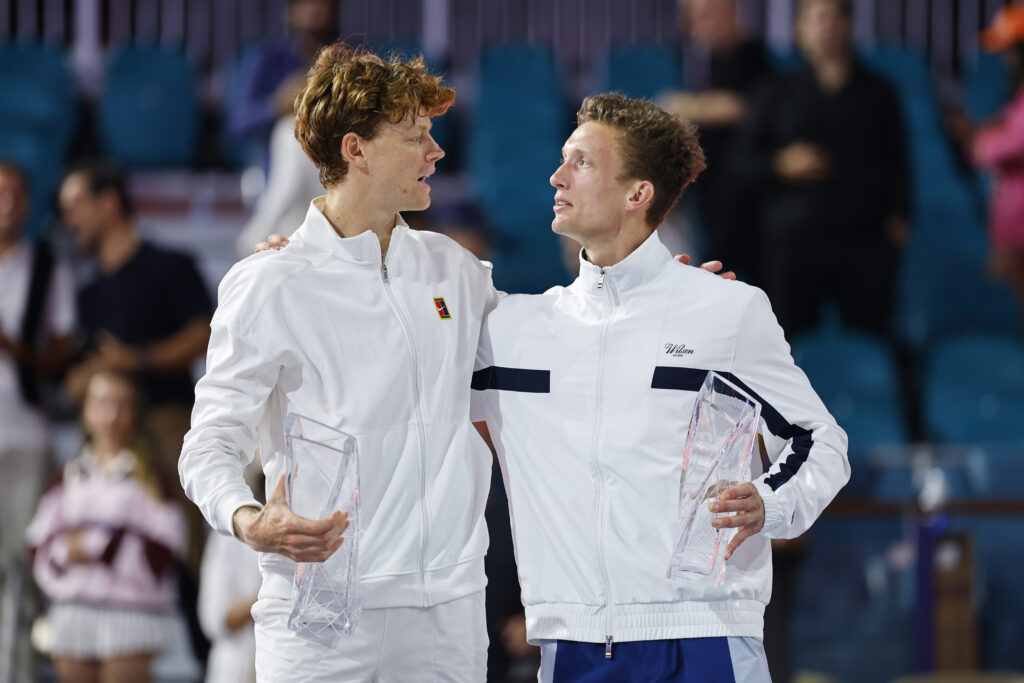 Jannik Sinner and Jiri Lehecka talking after the 2026 Miami Open final.