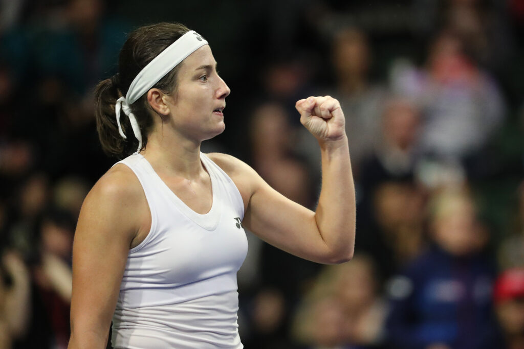 Anastasija Sevastova celebrates during her match against Serena Williams.