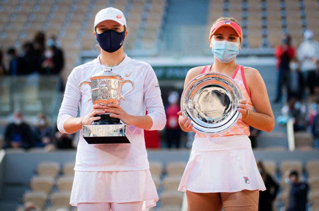 Iga Swiatek and Sofia Kenin pose with the trophies after the 2020 Roland Garros final.