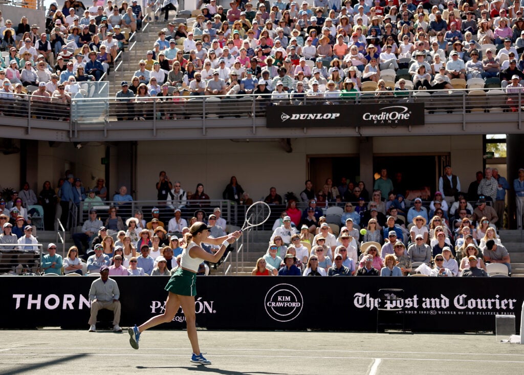 A view of Danielle Collins hitting a backhand at the 2024 Charleston Open.