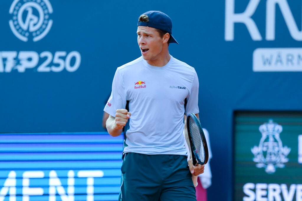 Joel Schwaerzler playing against Marton Fucsovics at the 2025 Generali Open in Kitzbuehel.