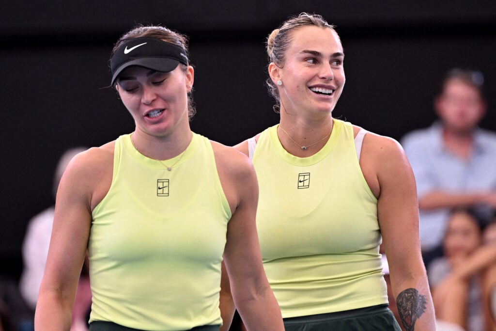 Paula Badosa and Aryna Sabalenka playing doubles together at the 2026 Brisbane International.