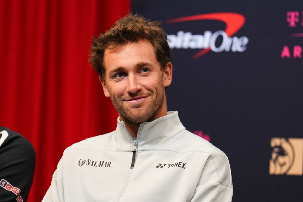 Casper Ruud speaking during a press conference at the MGM Slam in Las Vegas in 2026.