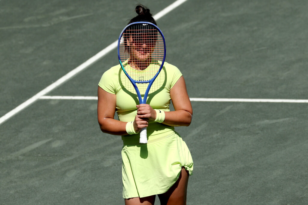 Bianca Andreescu reacts during her match against Dalma Galfi at the 2026 Charleston Open.
