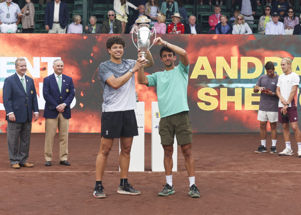 Ben Shelton and Andres Andrade posing with the doubles title in Houston.