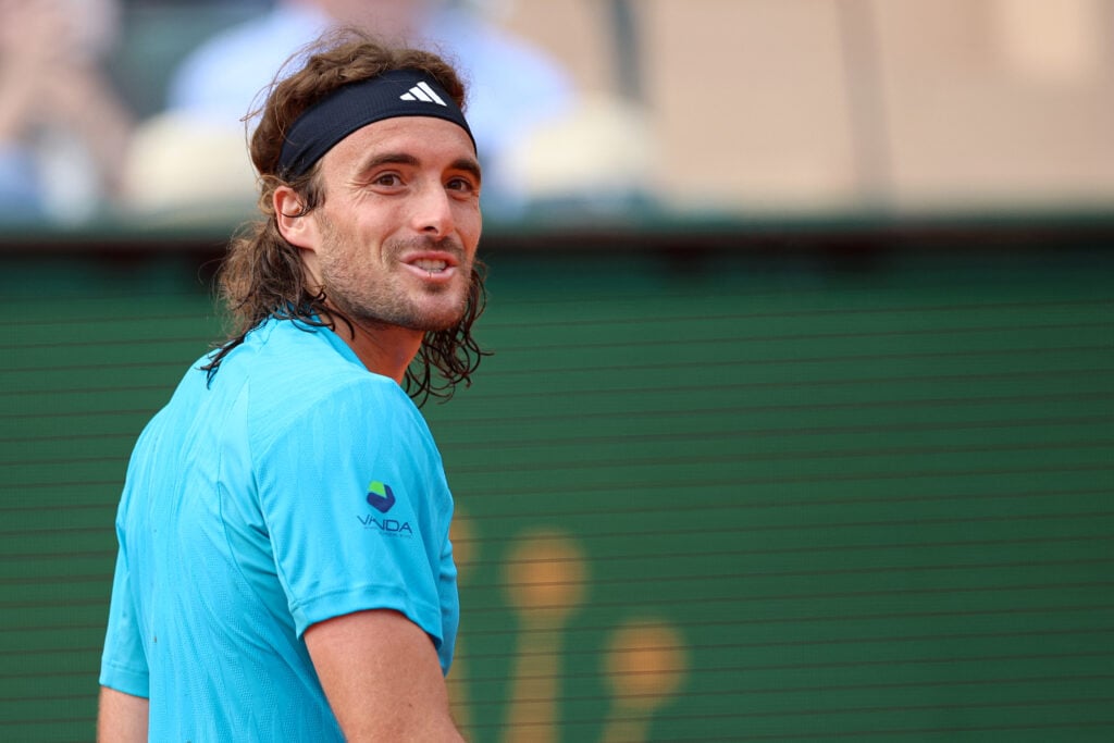 Stefanos Tsitsipas reacts during his match against Francisco Cerundolo at the 2026 Monte Carlo Masters.