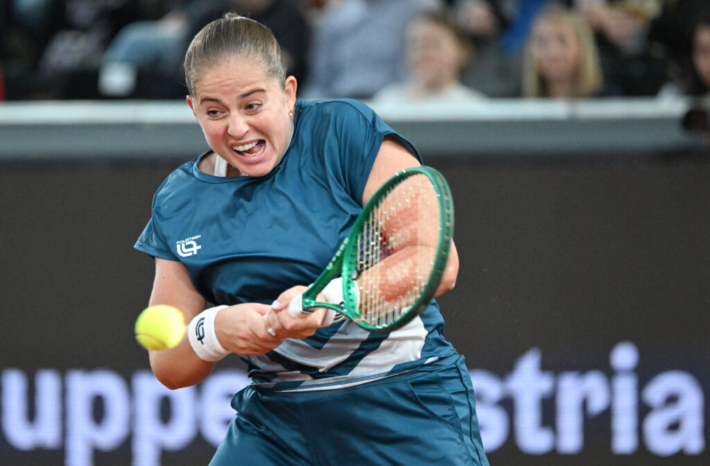 Jelena Ostapenko hits a backhand against Alexandra Eala at the 2026 Linz Open.