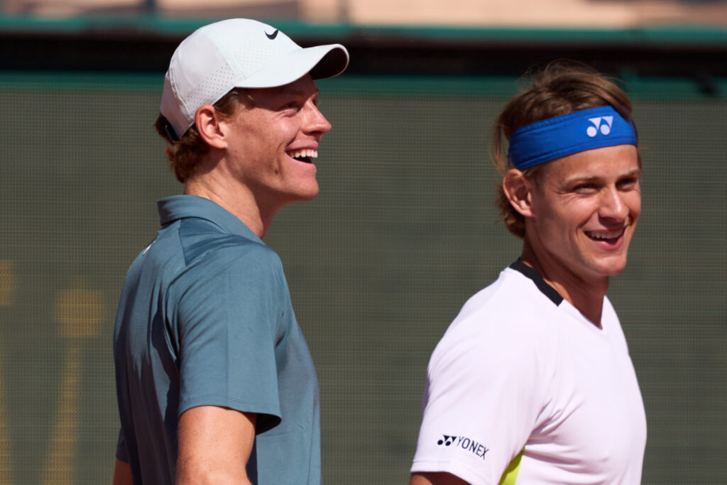 Jannik Sinner and Zizou Bergs during their doubles match at the 2026 Monte Carlo Masters.