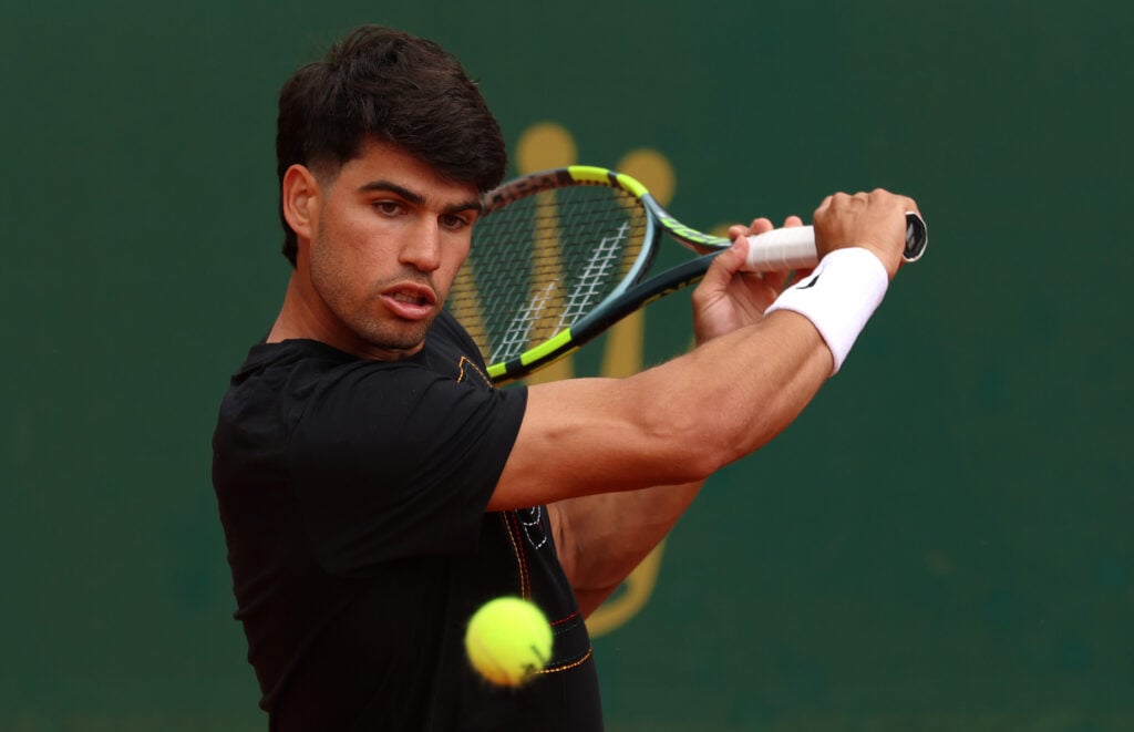 Carlos Alcaraz practicing ahead of the 2026 Monte Carlo Masters.
