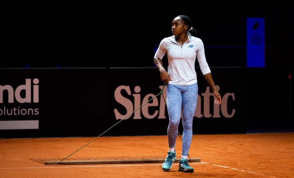 Coco Gauff during a practice session at the 2026 Porsche Tennis Grand Prix in Stuttgart.