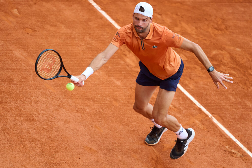 Grigor Dimitrov in action against Tomas Martin Etcheverry at the 2026 Monte Carlo Masters.