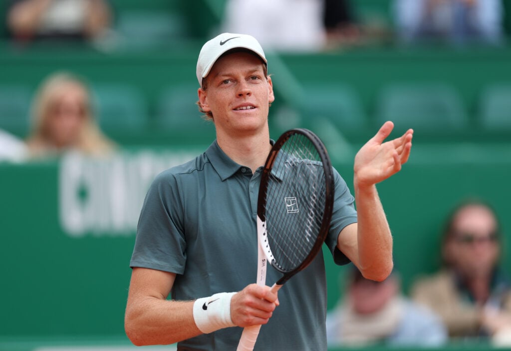 Jannik Sinner celebrates after beating Ugo Humbert at the 2026 Monte Carlo Masters.