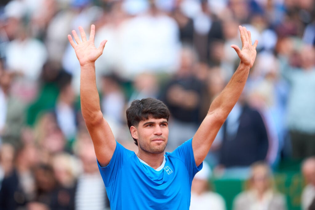 Carlos Alcaraz celebrates after beating Sebastian Baez at the 2026 Monte Carlo Masters.