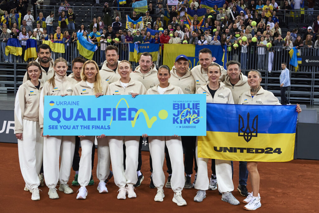 Ukranian BJK Cup captain Illya Marche, Elina Svitolina, Marta Kostyuk, Oleksandra Oliynykova, Nadiia Kichenok and Lyudmyla Kichenok pose after beating Poland in their Qualifier tie in Gliwice, Poland.