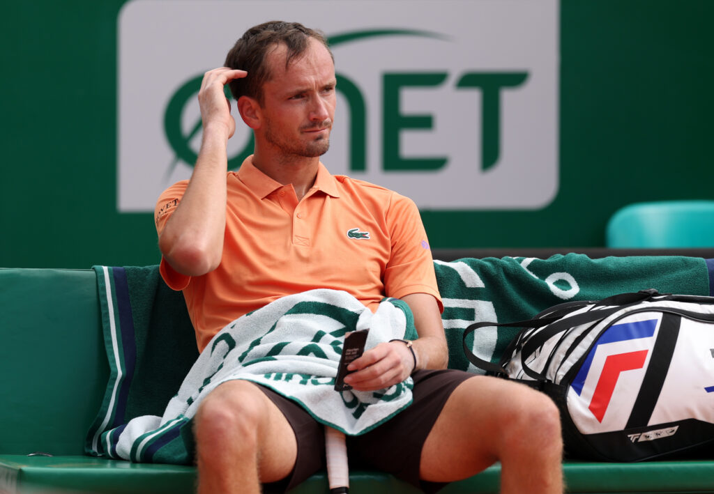 Daniil Medvedev sitting down during his match against Matteo Berrettini at the 2026 Monte Carlo Masters.