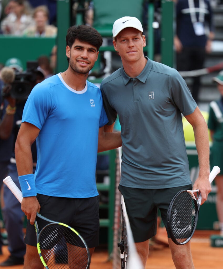 Carlos Alcaraz and Jannik Sinner post before the 2026 Monte-Carlo Masters final.