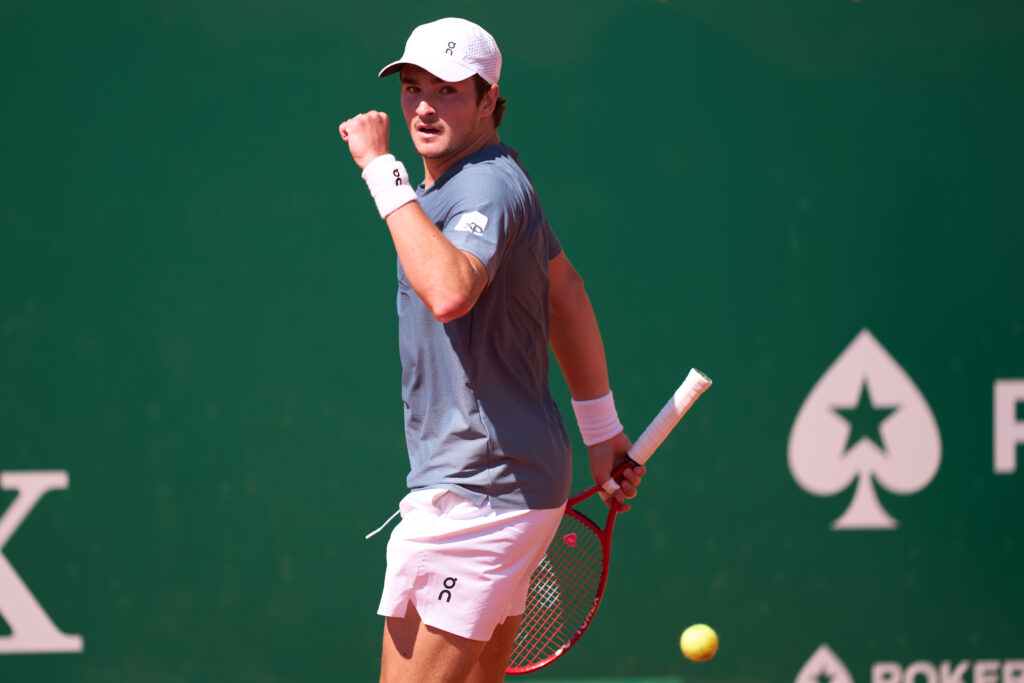 Joao Fonseca pumps his fist at the Monte-Carlo Masters.