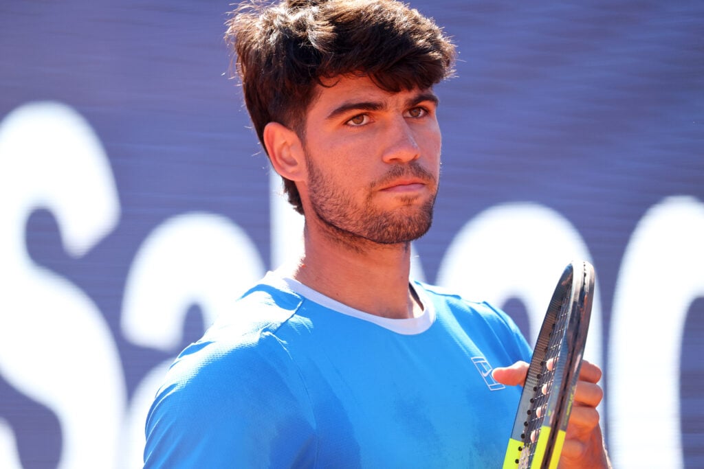 Carlos Alcaraz looks on during his match at the 2026 Barcelona Open.