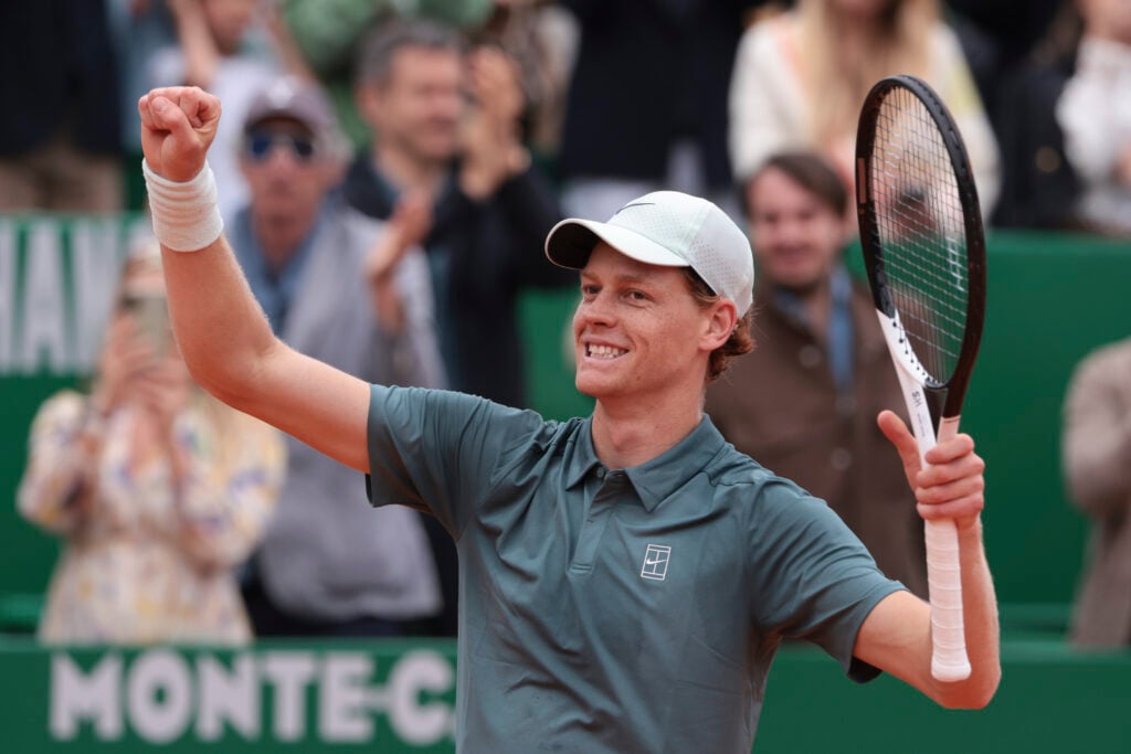 Jannik Sinner celebrates after beating Carlos Alcaraz in the 2026 Monte Carlo Masters final.