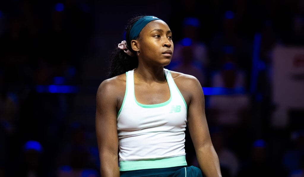 Coco Gauff looks on during her match against Karolina Muchova at the 2026 Porsche Tennis Grand Prix in Stuttgart.