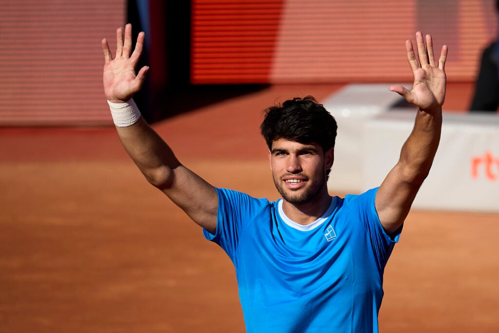 Carlos Alcaraz celebrates after beating Otto Virtanen at the 2026 Barcelona Open.