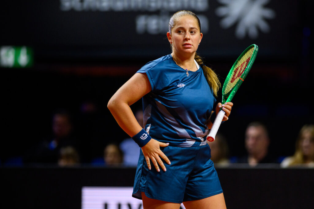 Jelena Ostapenko looks on during her match against Mirra Andreeva at the 2026 Porsche Tennis Grand Prix in Stuttgart.