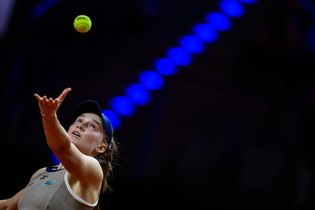 Elena Rybakina serves at the Stuttgart Open.