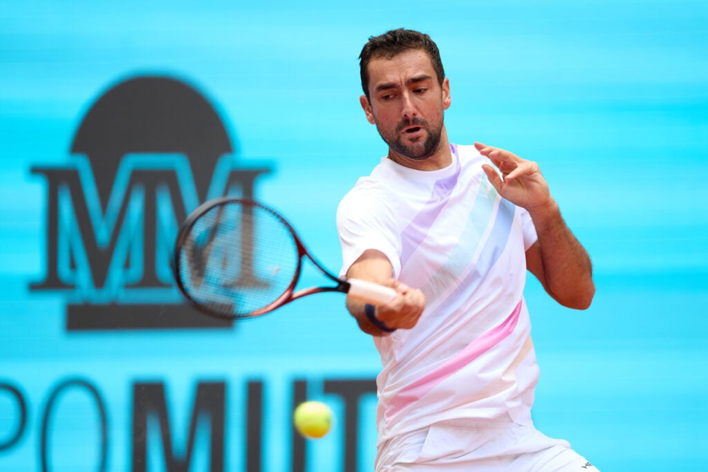 Marin Cilic hits a forehand at the 2026 Madrid Open.