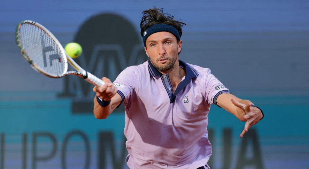 Arthur Rinderknech hits a forehand at the 2026 Madrid Open