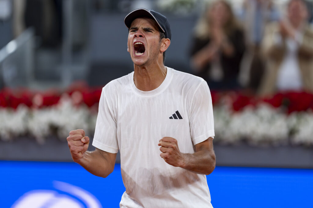 Rafael Jodar celebrates after beating Joao Fonseca at the 2026 Madrid Open.