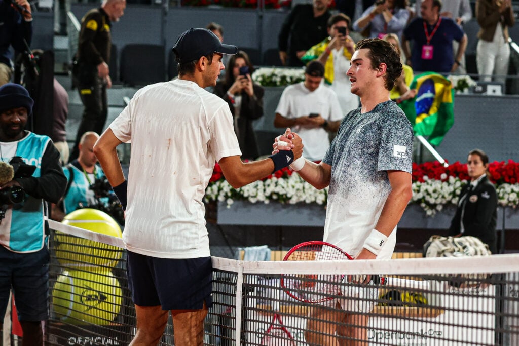 Rafael Jodar shakes Joao Fonseca's hand after beating him at the 2026 Madrid Open.