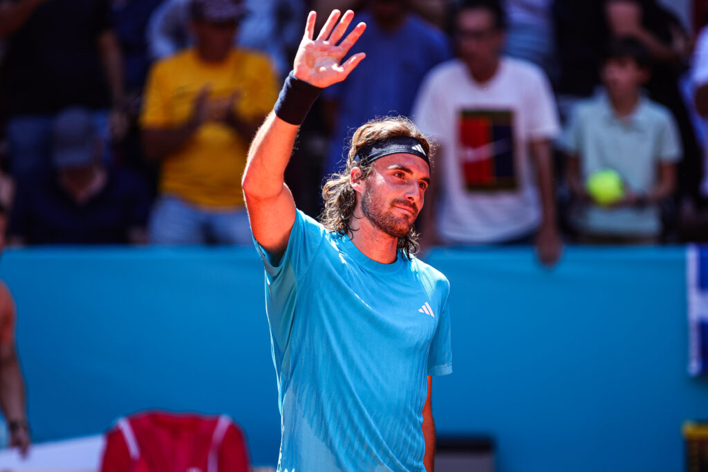 Stefanos Tsitsipas reacts after beating Daniel Merida at the 2026 Madrid Open.