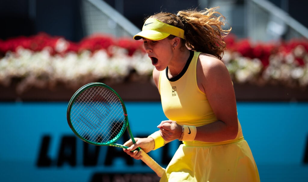 Mirra Andreeva celebrates during her match against Leylah Fernandez at the 2026 Madrid Open.