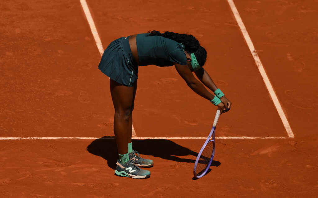 Coco Gauff reacts in Madrid.