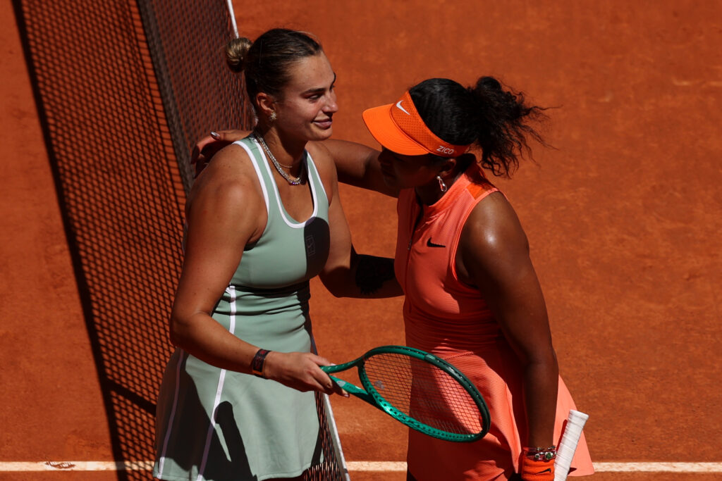 Aryna Sabalenka and Naomi Osaka embrace after their match at the 2026 Madrid Open.