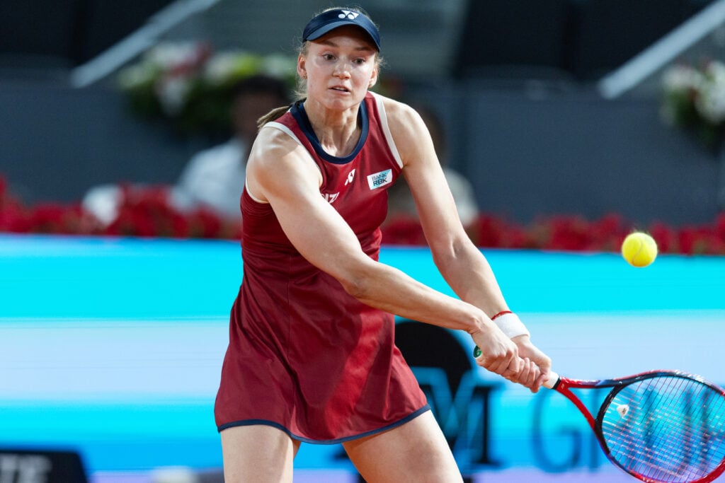Rybakina hits a backhand against Anastasia Potapova at the 2026 Madrid Open.