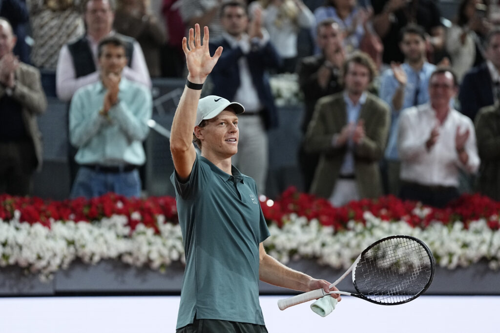 Jannik Sinner celebrates after beating Rafael Jodar at the 2026 Madrid Open.