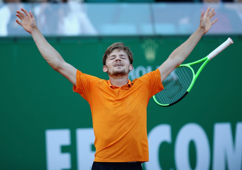 David Goffin celebrates his win over Novak Djokovic at the 2017 Monte Carlo Masters