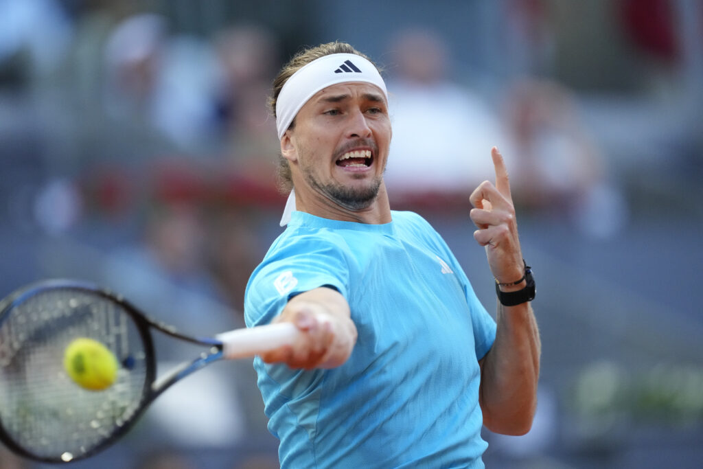 Alexander Zverev hits a forehand at the Madrid Open.
