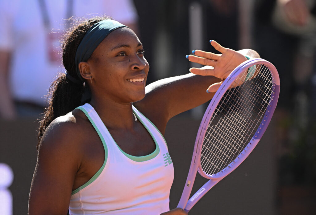 Coco Gauff celebrates ater reaching the Italian Open final.