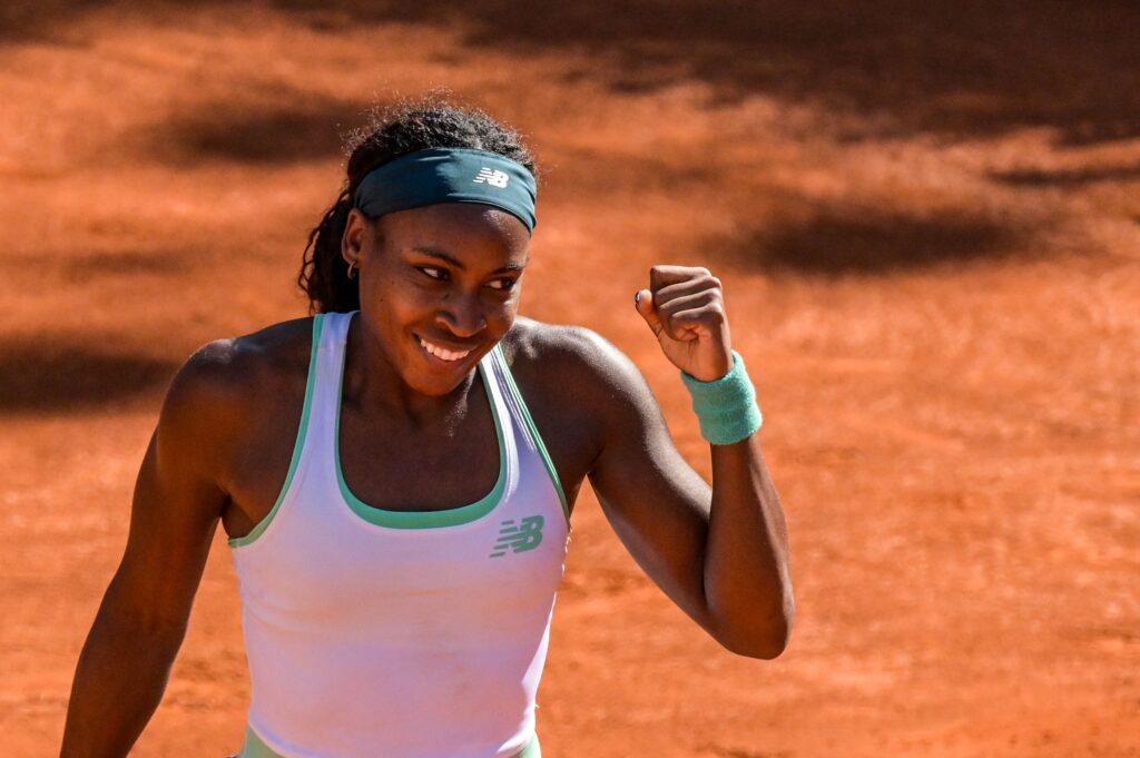 Coco Gauff celebrates.