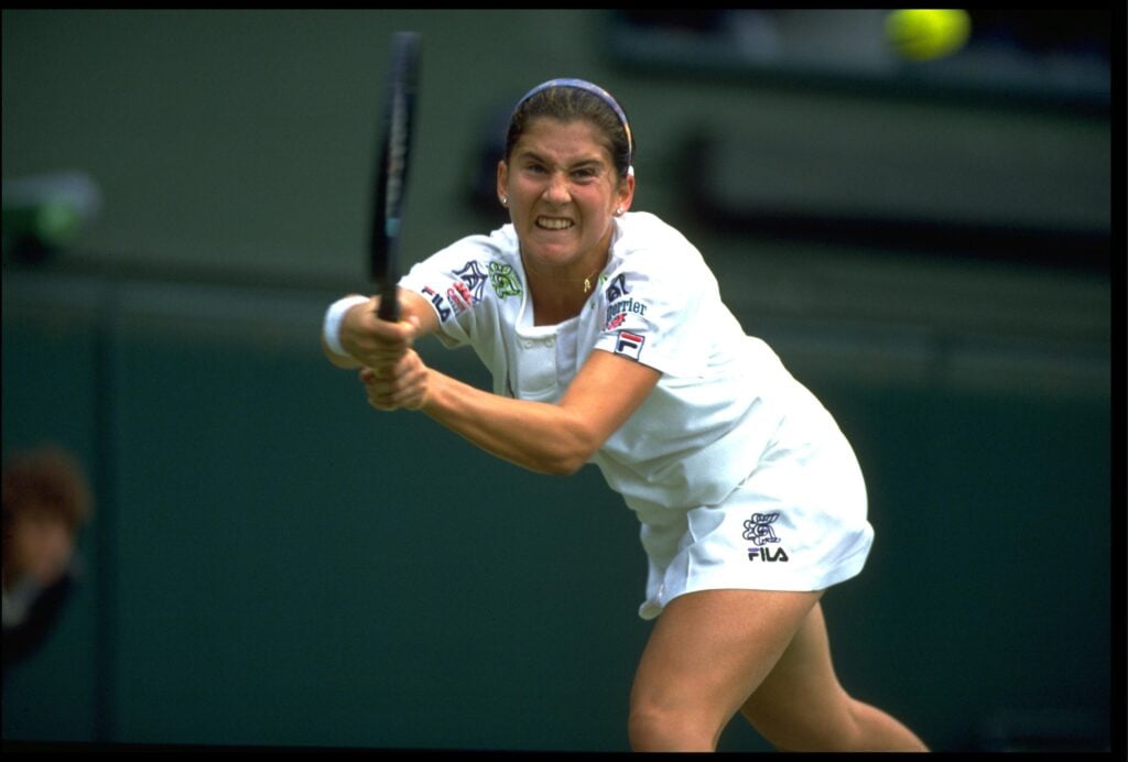 Monica Seles in action against Steffi Graf during the 1992 Wimbledon final.