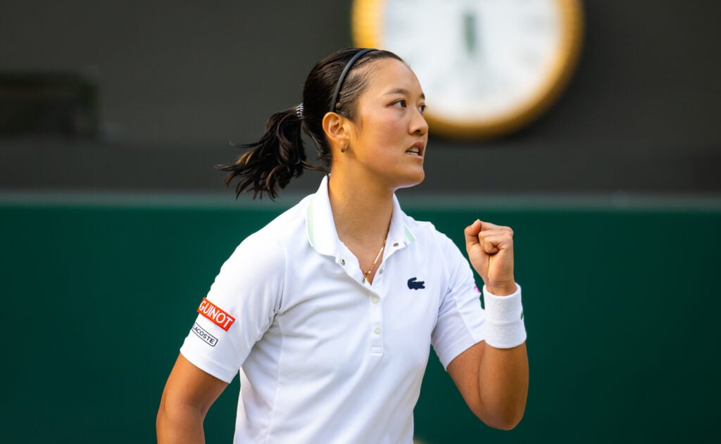 Harmony Tan reacts at Wimbledon in 2022.