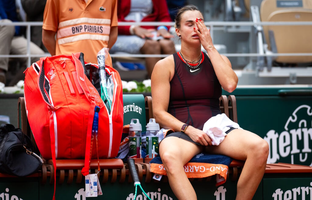 Aryna Sabalenka reacts at Roland Garros 2026