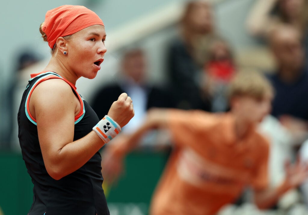 Diana Shnaider reacts at the French Open.
