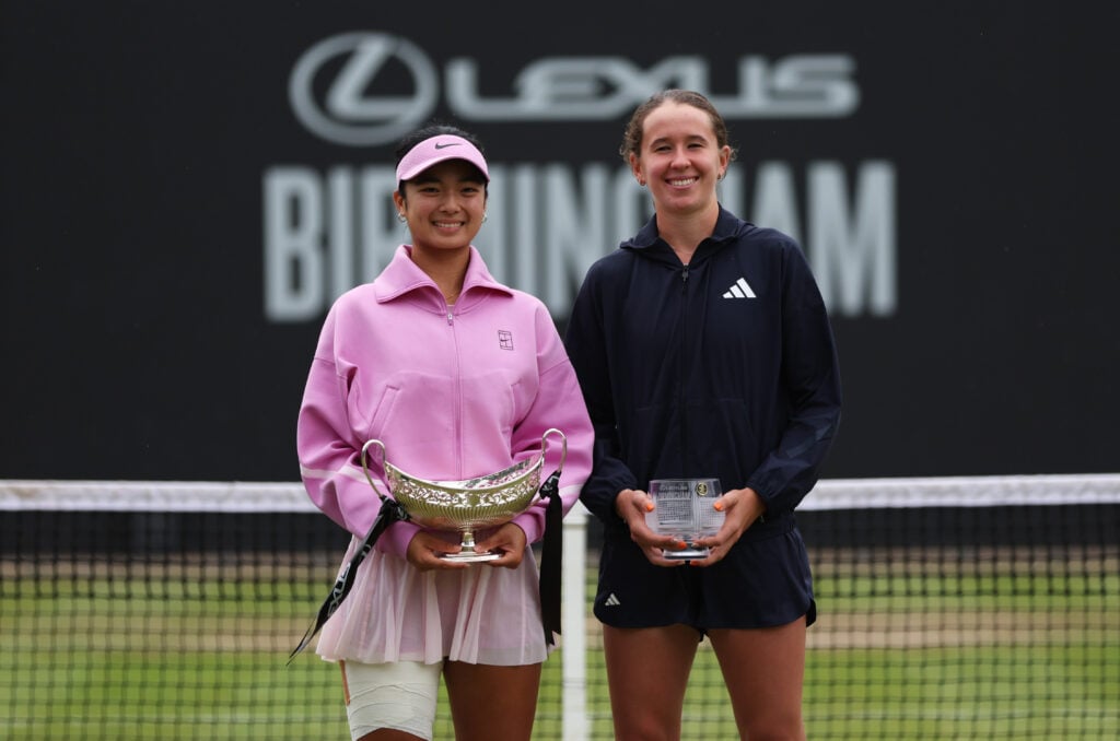 Alexandra Eala and Nikola Bartunkova pose with their trophies after the 2026 Birmingham Classic final.
