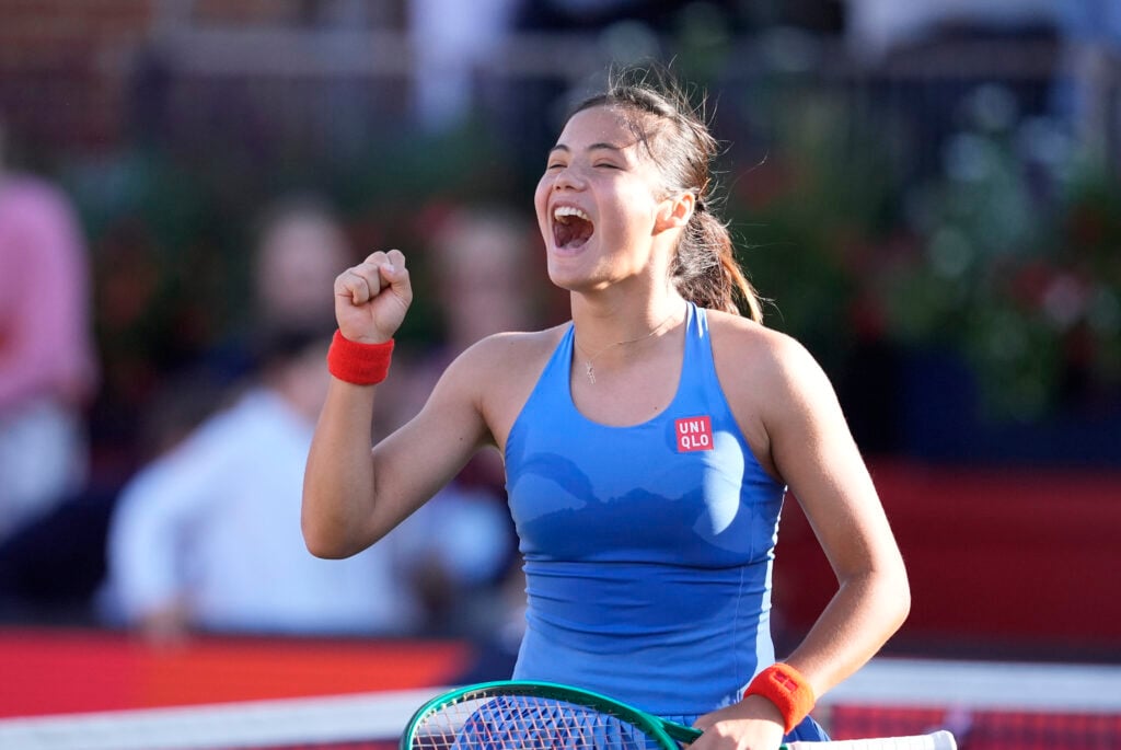 Emma Raducanu reacts after beating Iva Jovic at the 2026 Queen's Club Championships.