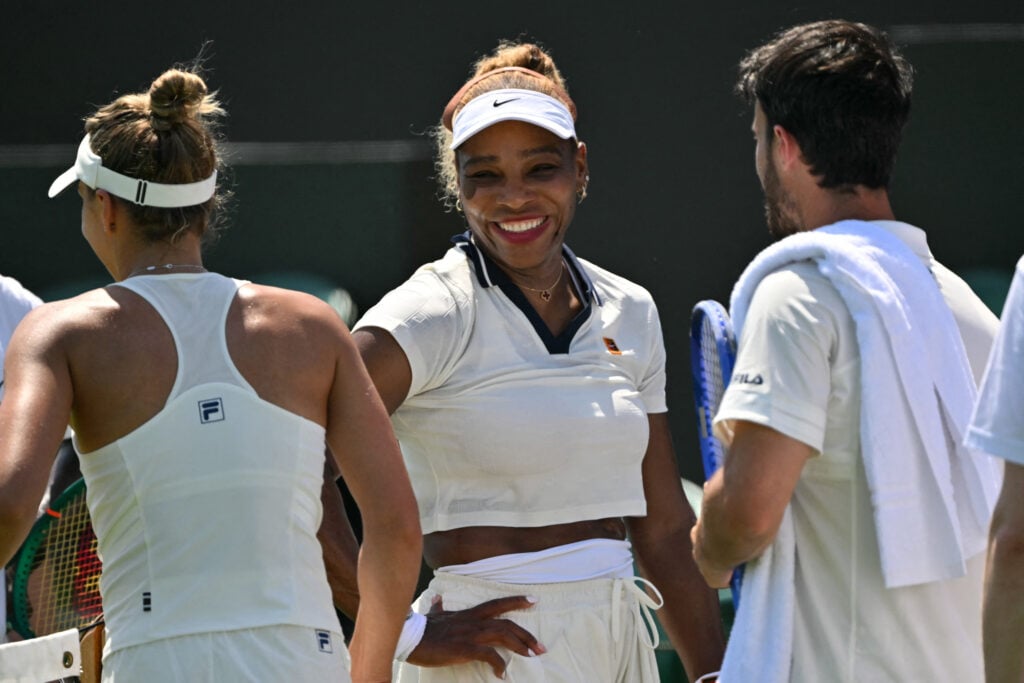 Serena Williams smiles in practice at Wimbledon.