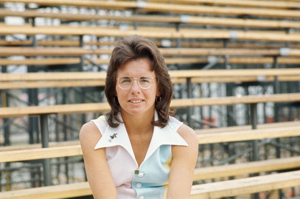 Closeup of tennis star Billie Jean King during a break in the Virginia Slims tournament.